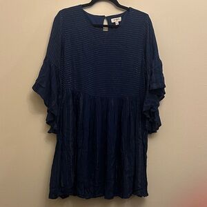 Umgee Dark Blue Metallic Gold‎ Dress Ruffle Sleeves Flowy Size M Dainty Elegant